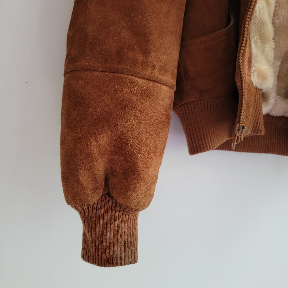 Vintage Shepler's Brown Suede Soft Shearling Lined Bomber Jacket 12* Small  Hood - Picture 4 of 16